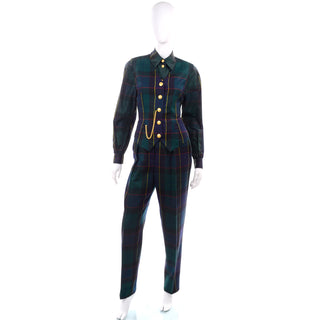 Margaretha Ley 1980s Vintage Escada Green Plaid Pantsuit Vest Trousers Belt Blouse 