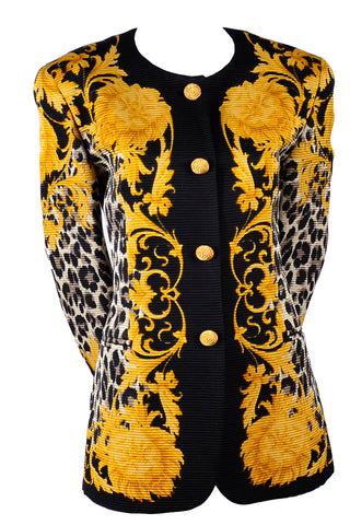 Vintage Wool & Silk Escada Baroque Lion Head Leopard Print Jacket