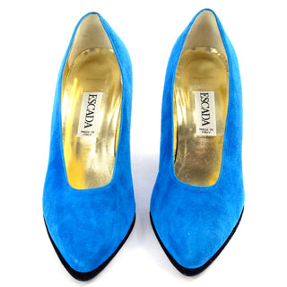 Unworn Vintage Escada Blue Suede Shoes w/ Black Heels Size 7B