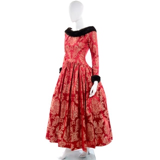 Victorian style jacquard ball gown with mink fur trim