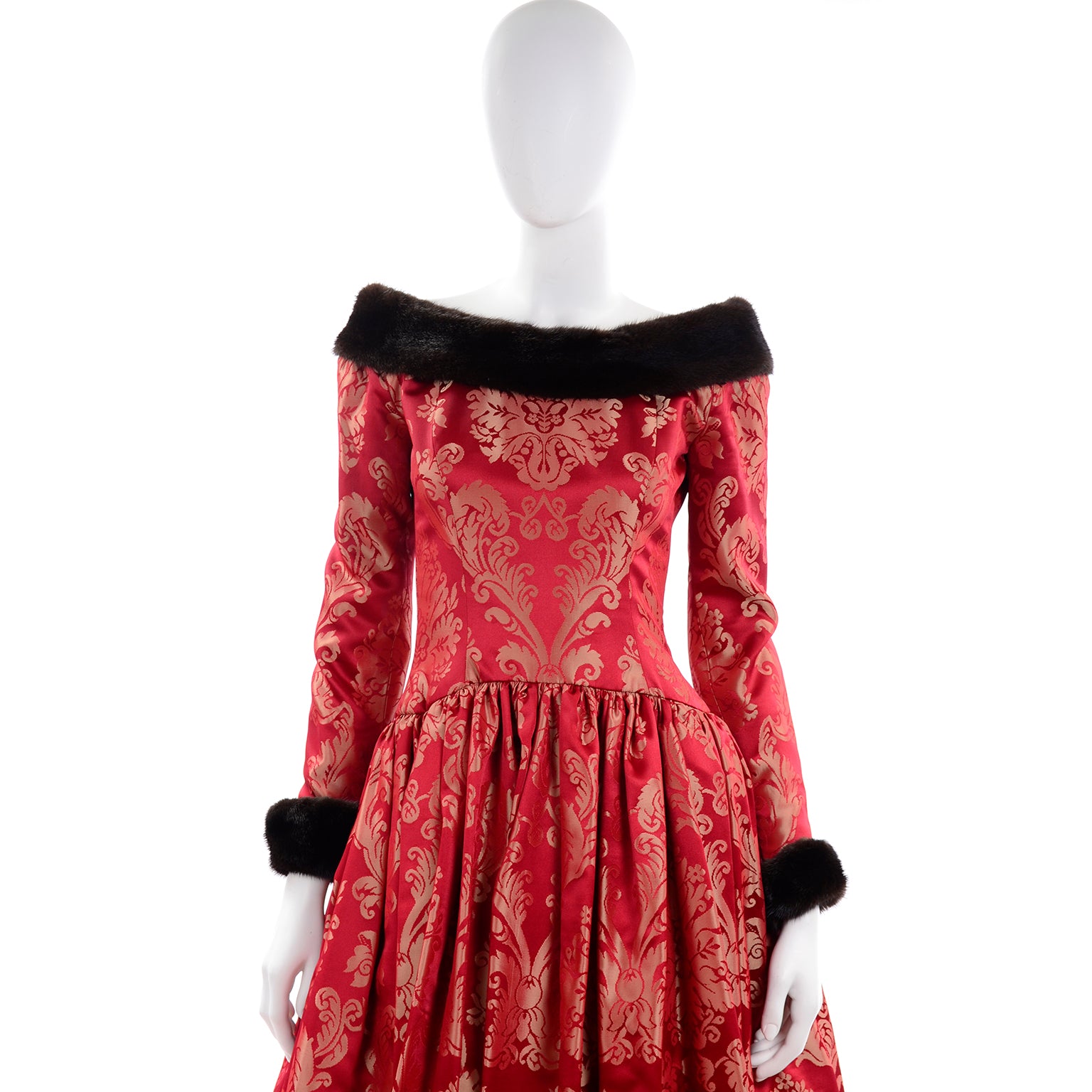 Vintage Escada Couture Red Jacquard Evening Gown w/ Mink Trim Size 6 Modig Vintage Escada Couture Red Jacquard Evening Gown w/ Mink Trim Size 6 Modig
