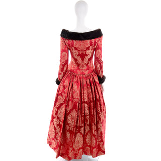 1990s Victorian style red jacquard evening gown by Escada, Size 6