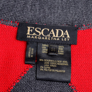 1980s Escada Red & Grey Fleur De Lis Harlequin Oversized Vintage Cardigan