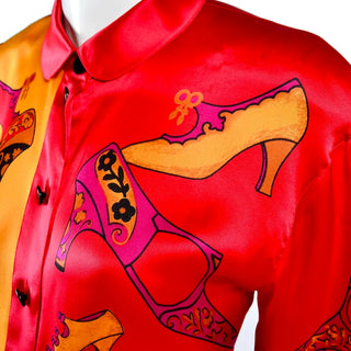1980s Vintage Escada Margaretha Ley Silk Novelty Shoe Blouse in Red Pink & Yellow Gold