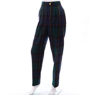 80s Escada Vintage Green Plaid Pantsuit Vest Trousers Belt Blouse