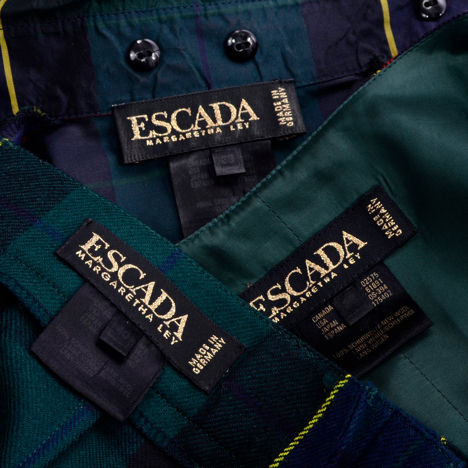 80s Vintage Escada Green Plaid Pant Suit W Blouse Vest Trousers