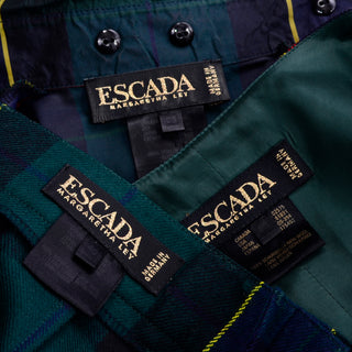 Escada Vintage Green Plaid Pant Suit W Blouse Vest Trousers & Belt