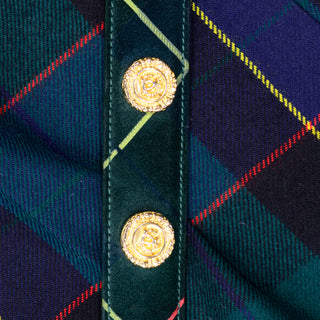 1980s Vintage Escada Green Plaid Pantsuit Vest Trousers Belt Blouse gold