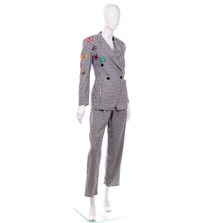 Margaretha Ley Escada 1980s Black & White Check Butterfly Pants & Blazer Jacket Suit 