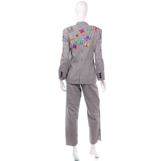 Margaretha Ley Escada 1980s Black & White Check Colorful Butterfly Pants & Blazer Suit