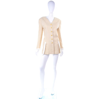 1990s Margaretha Ley Vintage Escada Linen Jacket with White Trim and gold star buttons