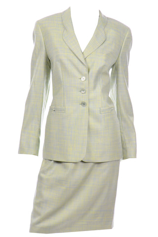 Vintage Margaretha Ley Escada Blue Yellow Green Silk Wool Skirt Jacket Suit