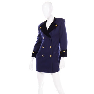 Escada Vintage Blue and Black Cashmere Wool Long Blazer Jacket