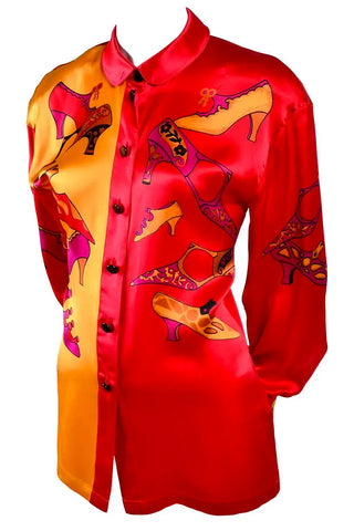 1980s Vintage Escada Silk Novelty Shoe Blouse in Red Pink & Yellow Gold