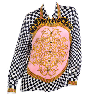 Vintage Escada Baroque Pink & Black check Silk Blouse by Margaretha Ley