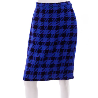 Margaretha Ley Escada Blue Plaid Skirt & Jacket w Purple Trim