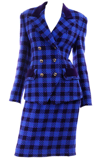 Margaretha Ley Escada Blue Plaid Skirt Jacket w Purple Trim