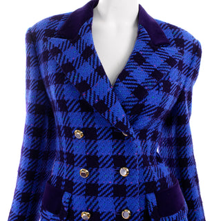 Margaretha Ley Escada 1980s Blue Plaid Skirt Jacket w Purple Trim