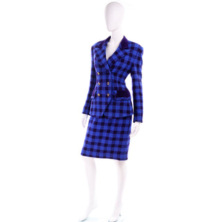 1980s Margaretha Ley Escada Blue Plaid Skirt Jacket w Purple Trim