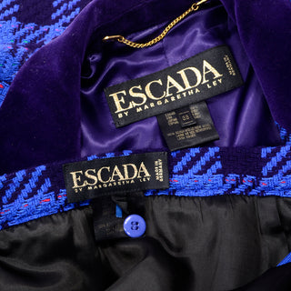 80s Margaretha Ley Escada Blue Plaid Skirt Jacket Suit w Purple Trim