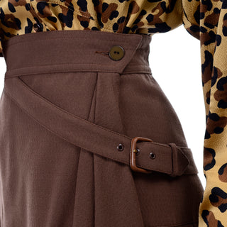 1980s Escada Silk Animal Print Blouse & Brown Wrap Skirt w/ Attached Belt