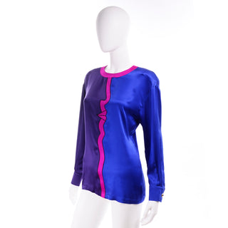 Blue Purple Pink Escada Vintage Silk Blouse w Abstract Face Profile