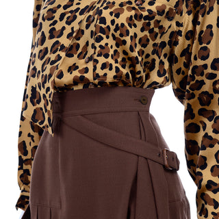 1980s Escada Silk Animal Print Blouse & Brown Wrap Skirt w/ Attached Belt
