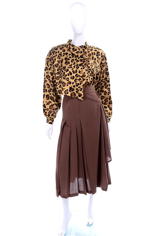 1980's Escada leopard print blouse and brown pleated skirt