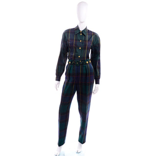 1980s Escada Green Plaid Pantsuit Vest Trousers Belt Blouse