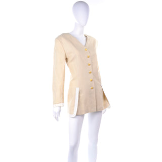 1990s Margaretha Ley Vintage Escada Linen Jacket with White Trim and gold star buttons 10/12