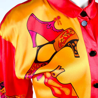 1980s Vintage Escada Silk Novelty Shoe Silk Blouse in Red Pink & Yellow Gold