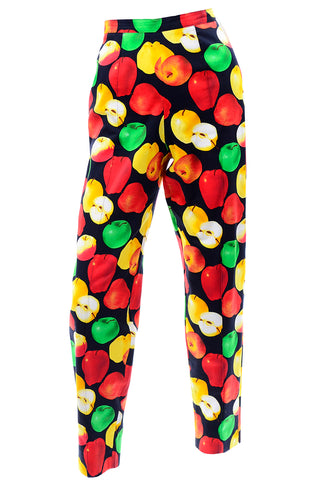1980s Escada Vintage Apple Print Black Yellow Green and Red Pants