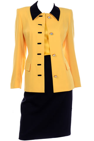 Vintage Escada Margaretha Ley Yellow wool Blazer Skirt Suit silk blouse