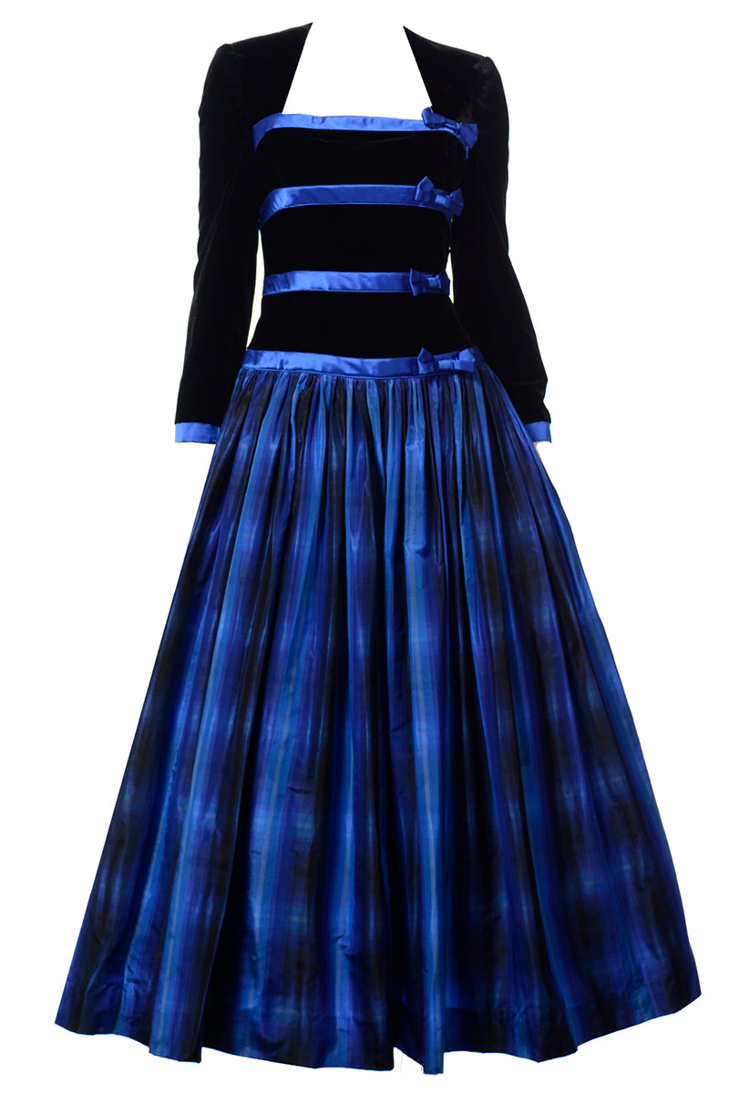 Escada Couture Vintage Black & Blue Velvet & Plaid Taffeta Dress Escada Couture Vintage Black & Blue Velvet & Plaid Taffeta Dress