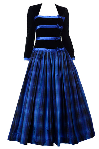 Escada Couture vintage Blue and Black Plaid Black Velvet Evening Gown