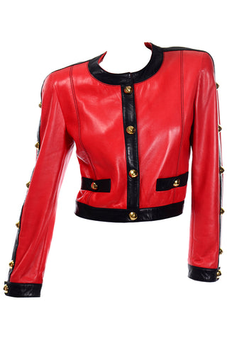 Escada by Margaretha Ley Vintage Red & Black Leather Jacket w Studs