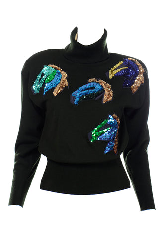 1980s Escada Margaretha Ley Colorful Sequin Horse Sweater