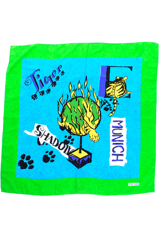 1980s Vintage Escada Blue and Green Novelty Munich Tiger Print Silk Scarf
