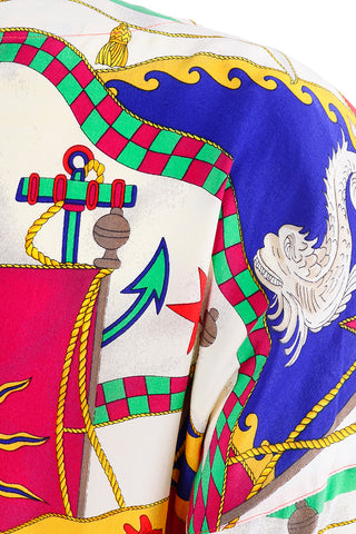Vintage Escada Silk Blouse Colorful Mythological Sea Nautical Theme Print Size 38 80s