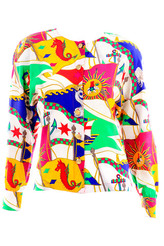 Vintage Escada Silk Blouse Colorful Mythological Sea Nautical Theme Print Size 38