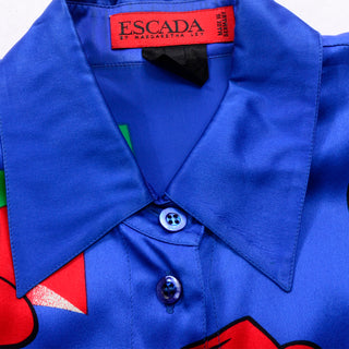 1980s Escada Margaretha Ley Blue Silk Fedora Hat Novelty Print Blouse Medium