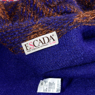 1980s Escada by Margaretha Ley Metallic Copper Purple Royal Blue Mohair Sweater 36