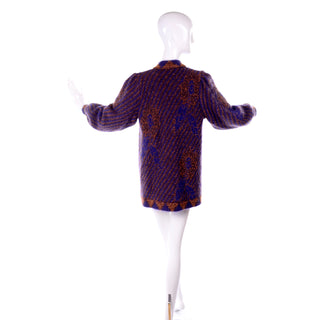 1980s Escada by Margaretha Ley Metallic Copper Purple Royal Blue Mohair Sweater Long