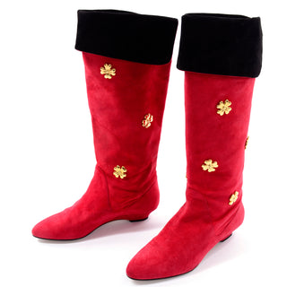 1980s Escada Vintage Red Suede Boots With Gold Clover
