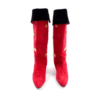 Escada Vintage Red Suede Boots With Gold Clover 1980s