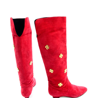 Escada 1980s Vintage Red Suede Boots With Gold Clover