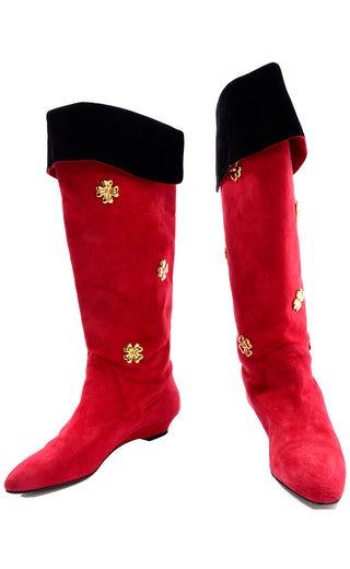 Escada Vintage Red Suede Boots With Gold Clover