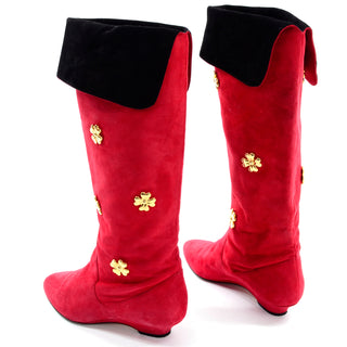 80s Escada Vintage Red Suede Boots With Gold Clover