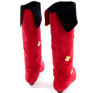 Escada Vintage Red & Black Suede Boots With Gold Clover