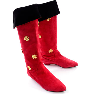 Vintage Escada Red Suede Boots With Gold Clover